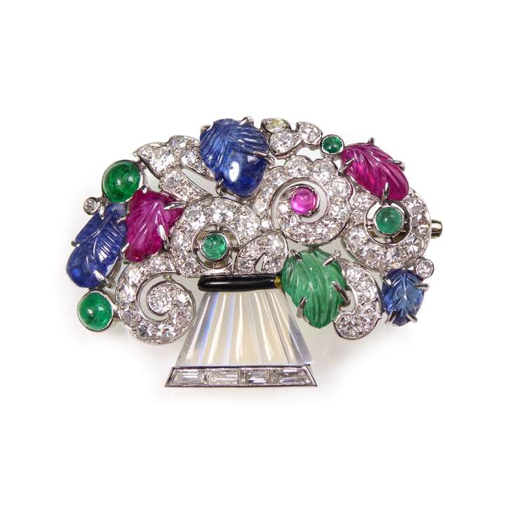 Diamond, ruby, emerald and sapphire tutti frutti jardiniere brooch